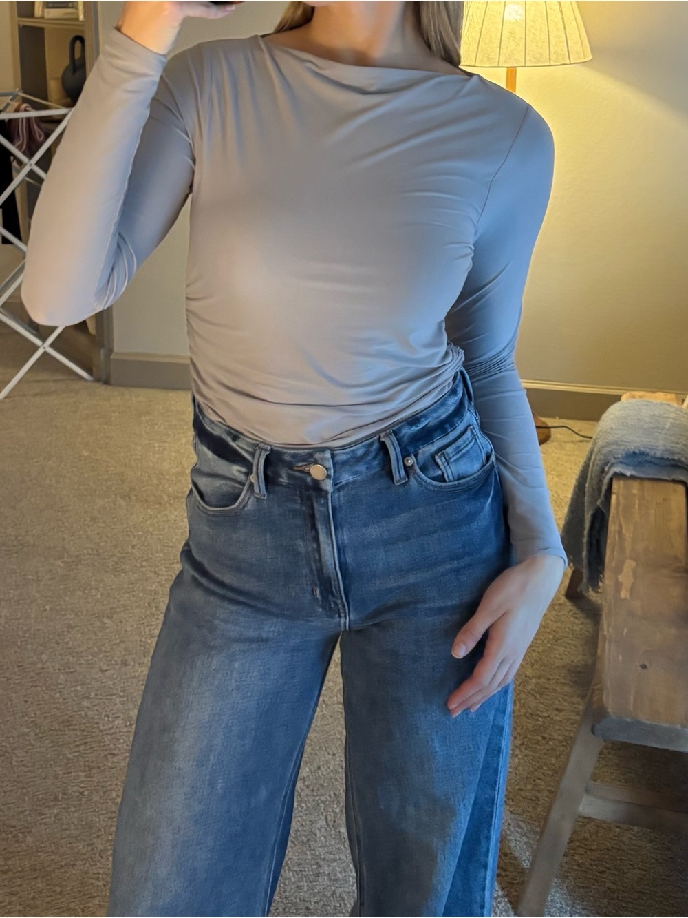 Long Sleeve Boatneck Bodysuit in Light Gray